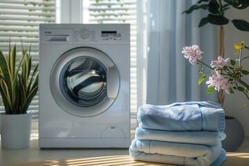Poster - A close-up image of a washing machine with a stack of freshly laundered, folded clothes sitting on a nearby counter. Generative AI