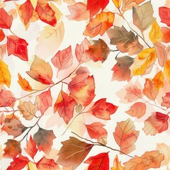Poster - A watercolor painting depicting a seamless pattern of autumn leaves in various shades of red, orange, and yellow. The leaves are depicted with delicate brushstrokes, capturing the beauty of autumn fol