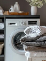 Poster - A stack of neatly folded laundry sits on a white surface near a modern washing machine. Generative AI