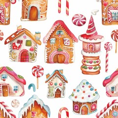 Poster - This whimsical watercolor illustration features a variety of gingerbread houses with candy decorations on a white background. The houses are all unique, with different designs and colors, and there ar