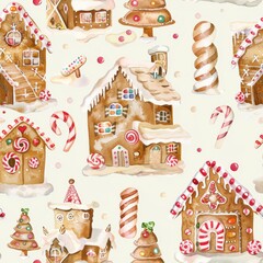 Poster - This watercolor illustration features a seamless pattern of gingerbread houses, candy canes, and Christmas trees. The houses are decorated with various candies, icing, and candy canes. The background 