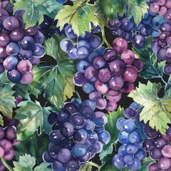 Poster - This image is a watercolor painting depicting clusters of ripe grapes hanging from a vine. The grapes are a deep purple and blue, and the leaves are a vibrant green. The painting is done in a realisti