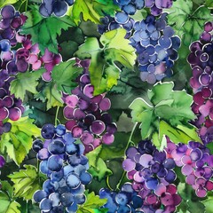 Poster - This painting depicts a lush, vibrant scene of ripe grapes hanging from a vine. The grapes are a deep purple color and are clustered together in bunches. The leaves of the vine are a bright green, and
