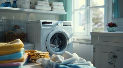 Poster - A white washing machine with a clear door, revealing a clean, empty drum. Neatly folded laundry is piled on a counter beside it. Generative AI