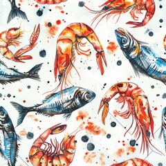 Poster - This image features a watercolor pattern of shrimp and fish on a white background. The shrimp are red and orange, while the fish are blue and grey. The background is decorated with watercolor splatter