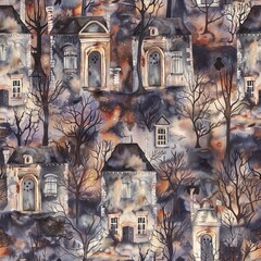 Fototapete - A watercolor illustration depicting a cluster of eerie, old houses situated within a dense and foggy forest. The houses have a dilapidated appearance with bare windows and weathered walls, while the s