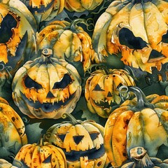Aufkleber - This watercolor illustration features a close-up view of several carved pumpkins with menacing smiles, set against a dark green background. The pumpkins are painted in a realistic style with shades of