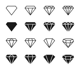 Wall Mural - Diamond icon set. Different shapes of diamond cuts. Dimond icon set in flat style. Abstract black diamond collection icons. Gemstone icon set. Diamonds logo design. Vector illustration. EPS 10