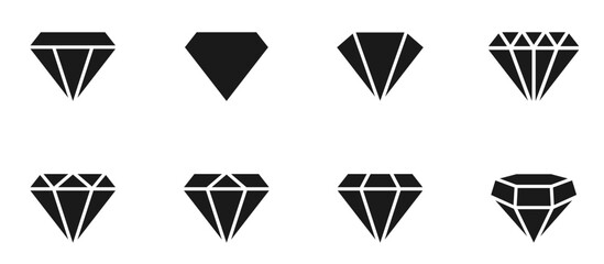 Diamond icon set. Different shapes of diamond cuts. Dimond icon set in flat style. Abstract black diamond collection icons. Gemstone icon set. Diamonds logo design. Vector illustration. EPS 10