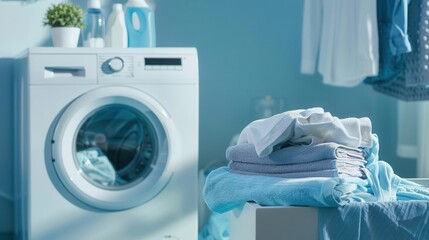 Poster - Neatly folded laundry sits on a counter next to a white washing machine in a bright blue bathroom. Generative AI