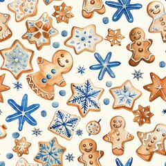 Poster - This image is a watercolor illustration of a seamless pattern featuring gingerbread men and snowflake cookies. The cookies are decorated with blue and white icing, and the background is a soft cream c
