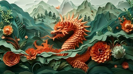 Wall Mural - Enchanting forest odyssey: detailed paper craft portrays kids encountering gods, demons, and fantastical beasts. Illustration, Minimalism,
