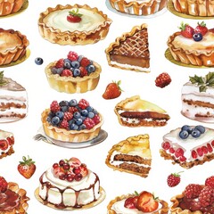 Poster - This colorful watercolor illustration features an assortment of delicious cakes and pies, perfect for a bakery or dessert-themed design. The illustration features a variety of flavors and styles, incl