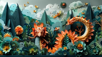 Wall Mural - Whimsical adventure in paper: children's journey through a forest inhabited by gods, demons, and creatures. Illustration, Minimalism,