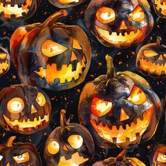 Poster - This illustration features a seamless pattern of jack o lantern pumpkins against a dark black background. Each pumpkin is painted in a vibrant orange and yellow watercolor style, with glowing eyes and