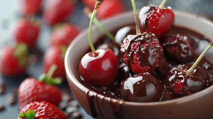 Wall Mural - A bowl of cherries with chocolate drizzled on top