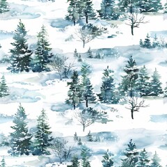 Aufkleber - This image depicts a seamless watercolor pattern featuring a winter forest scene with a variety of evergreen trees, snow-covered ground, and a light snowfall. The blue and green hues of the painting c