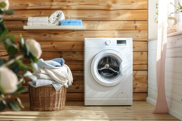 Poster - A white washing machine sits in a room with wood paneling and a laundry basket full of clean, folded laundry. Generative AI