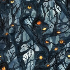 Fototapete - A digital painting depicting a dense forest with dark twisted trees. The trees are covered in numerous glowing, yellow eyes, staring out from the shadows, creating a sense of mystery and intrigue.