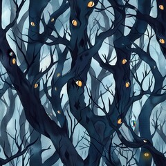 Aufkleber - This is a digital illustration depicting a dark and mysterious forest scene. The trees are rendered in a deep blue watercolor style, with their branches and trunks intertwined in a complex network. Sc