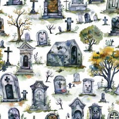 Poster - This image features a watercolor illustration of a spooky graveyard filled with tombstones, mausoleums, and trees. The image depicts a variety of different styles of headstones, including crosses, sku