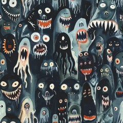 Poster - This watercolor painting showcases a chaotic scene of multiple grotesque, distorted creatures with sharp teeth and large eyes. They appear to be stacked on top of each other, creating a sense of claus