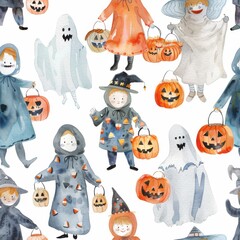 Poster - This whimsical watercolor illustration depicts several children dressed in various Halloween costumes, such as ghosts, witches, and wizards. Each child is carrying a carved pumpkin, known as a jack ol