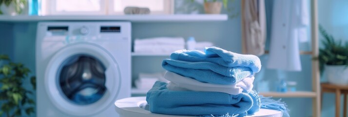 Aufkleber - Clean laundry is neatly folded on a countertop in a bathroom, beside a white washing machine. Generative AI