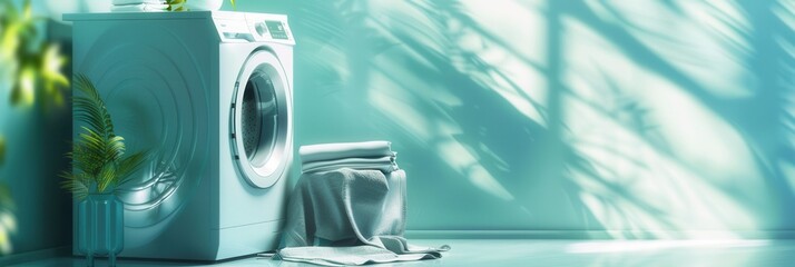 Poster - A white washing machine stands in a modern bathroom with a teal wall, next to neatly folded laundry. Sunlight streams through a window, casting abstract shadows on the wall. Generative AI