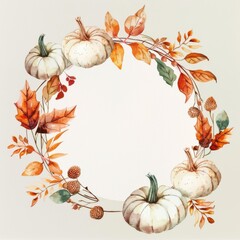 Poster - This image is a watercolor painting of a wreath made of autumn leaves, branches, and pumpkins. The wreath is in a circular shape and has a blank space in the center. The leaves are in shades of orange