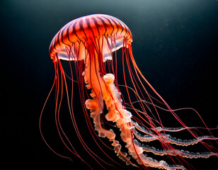 Wall Mural - Bright red jellyfish on a dark background