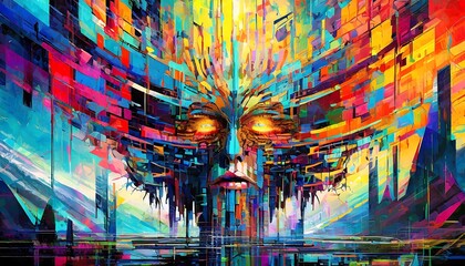 Wall Mural - A digital glitch art masterpiece representing destructive envy with fragmented visuals