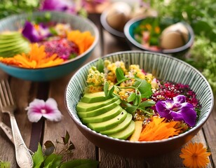 Wall Mural - A vibrant vegan feast with colorful Buddha bowls featuring quinoa, avocado, roasted vegetable