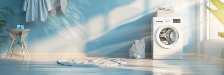 Poster - A clean and modern laundry room with a white washing machine and neatly folded laundry. Sunlight streams through the window, casting shadows on the light wood floor. Generative AI