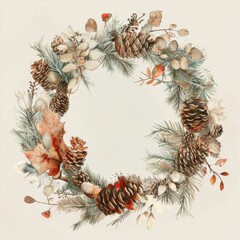 Poster - A watercolor illustration of a festive evergreen wreath adorned with pine cones, fall foliage, and winter greenery. The wreath is painted in a classic style with muted tones of green, brown, and red. 
