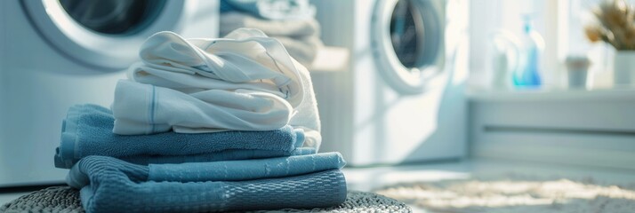 Poster - Clean laundry folded on a counter next to a washing machine. The laundry is white and blue, and the washing machine is white. Generative AI