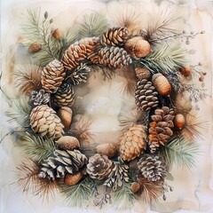Poster - This image is a watercolor painting of a wreath made of pine cones, branches, and acorns. The wreath is circular and has a rustic, natural feel. The painting is done in a realistic style and captures 
