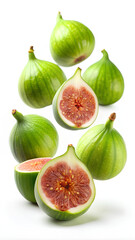 Wall Mural - Flying green Fig fruits isolated on white background. clipping path, Selective focus