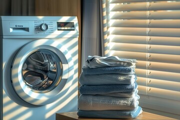 Poster - A stack of neatly folded laundry sits on a wooden counter near a white washing machine, sunlight shines through blinds in the background. Generative AI