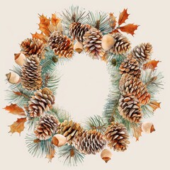 Poster - This image is a watercolor painting of a wreath made from pine cones, acorns, and pine branches. The wreath is depicted in a circular shape with a white background.
