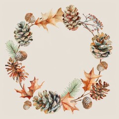 Aufkleber - This image is a watercolor painting of a wreath made of pine cones, oak leaves, and pine branches. The wreath is arranged in a circle shape and has a light beige background.