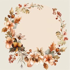 Wall Mural - This image features a watercolor painting of a wreath made from autumn leaves, berries, and flowers. The wreath is depicted against a pale background, giving the colors of the foliage and flowers a so