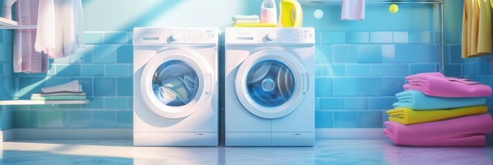 Poster - A stack of neatly folded clean laundry sits on a bright blue tiled bathroom floor, next to two washing machines. Generative AI