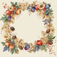 Poster - This image features a watercolor painting of a wreath made of autumn leaves, berries, and acorns. The wreath is arranged in a circular shape, with the leaves and berries cascading down from the top. T