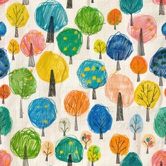 Poster - A close-up image of a white fabric with a repeating pattern of colorful hand-drawn trees. The trees are drawn in a simple, childlike style with various shades of green, blue, yellow, orange, and pink.