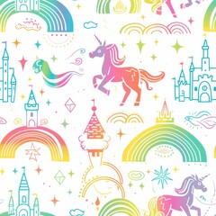 Poster - A whimsical seamless pattern featuring unicorns and castles. The illustration is rendered in a bright, colorful style with a rainbow color palette. The design includes unicorns, castles, stars, rainbo