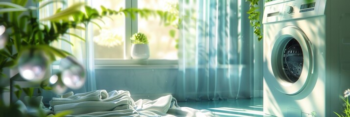 Poster - A washing machine sits beside a pile of neatly folded clean laundry in a sunlit room. Generative AI