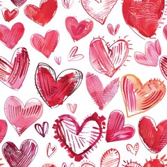 Poster - A digital illustration of a seamless pattern featuring red and pink hearts painted in a watercolor style with white outlines. The hearts are various sizes and drawn with a hand-painted aesthetic, crea