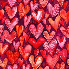 Aufkleber - This image is a seamless pattern of red and pink hearts drawn in a watercolor style. The hearts are layered and overlapping, creating a busy and romantic aesthetic. The background is a dark purple col