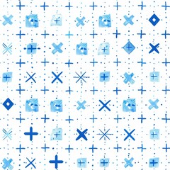 Poster - This image features a repeating geometric pattern on a white background. The pattern is hand-drawn in blue ink and includes various shapes such as crosses, squares, and diamonds. The image appears to 
